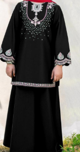 Girls Black Embroidered Kurta Set 2Pcs Cotton Party Wear