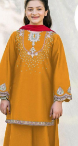 Girls Cotton Embroidered Kurta Set Mustard 2Pcs